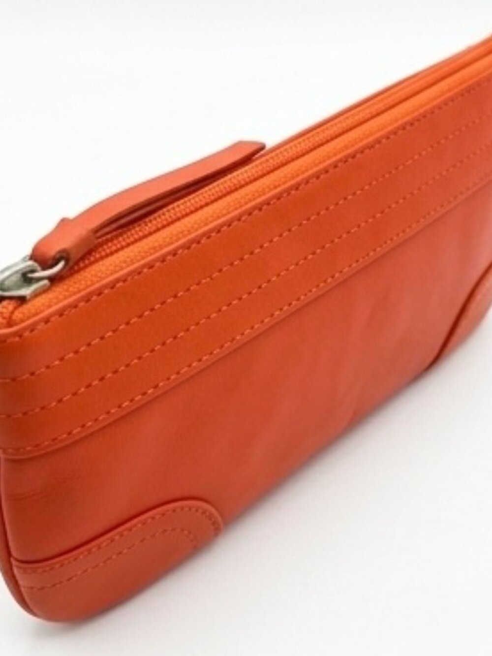 Lacoste Orange Leather Pencil Case Zip Pouch - Silver Crocodile Logo